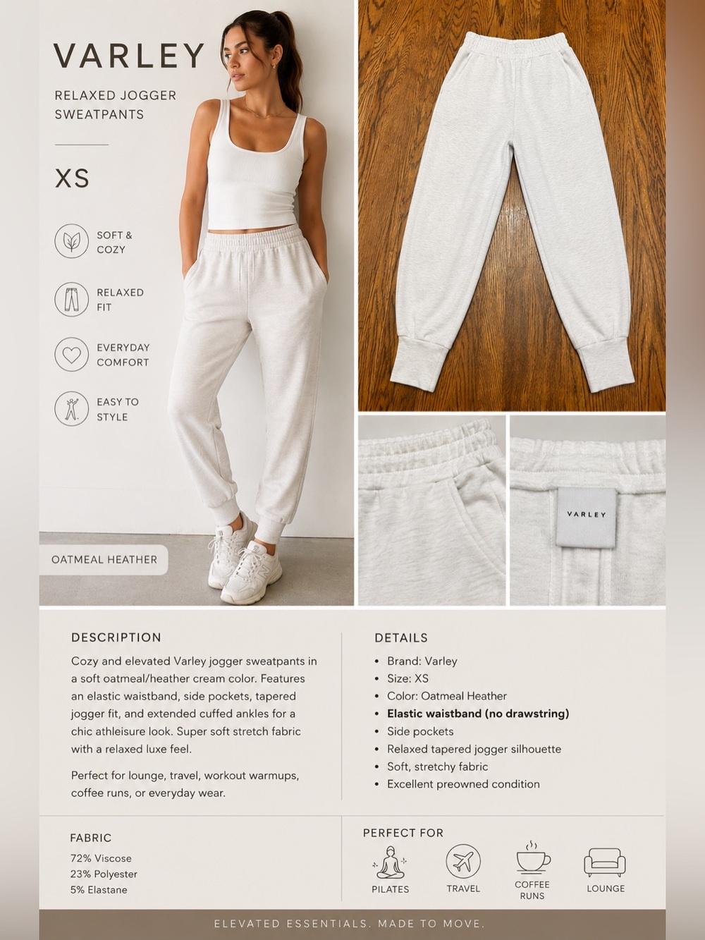 Varley Women’s Oatmeal Relaxed Jogger Sweatpants Size Extra Small Athleisure
